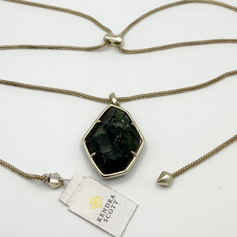 Kendra Scott Kalani Gold Tone Long Pendant Necklace Dark Green Stone Adjustable